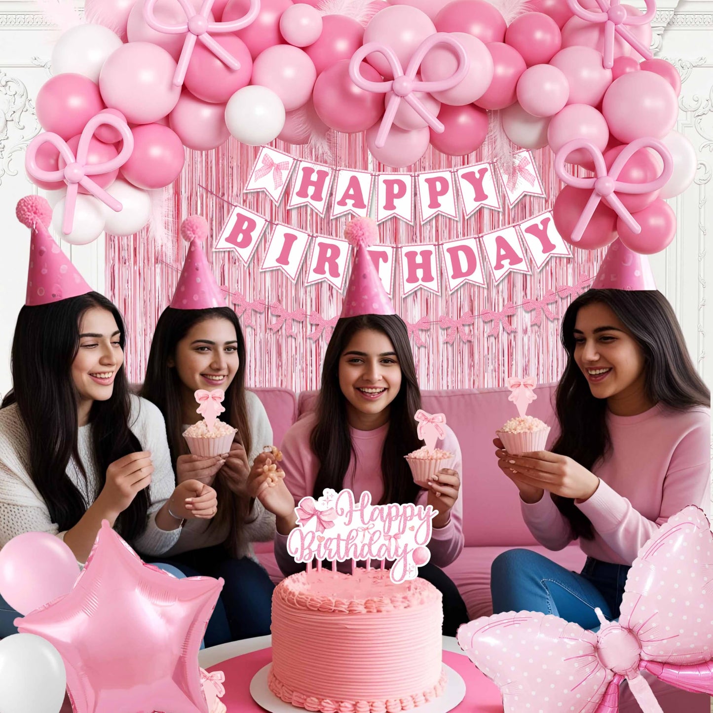 Pink Bow Birthday Decorations for Girls Women, Coquette Birthday