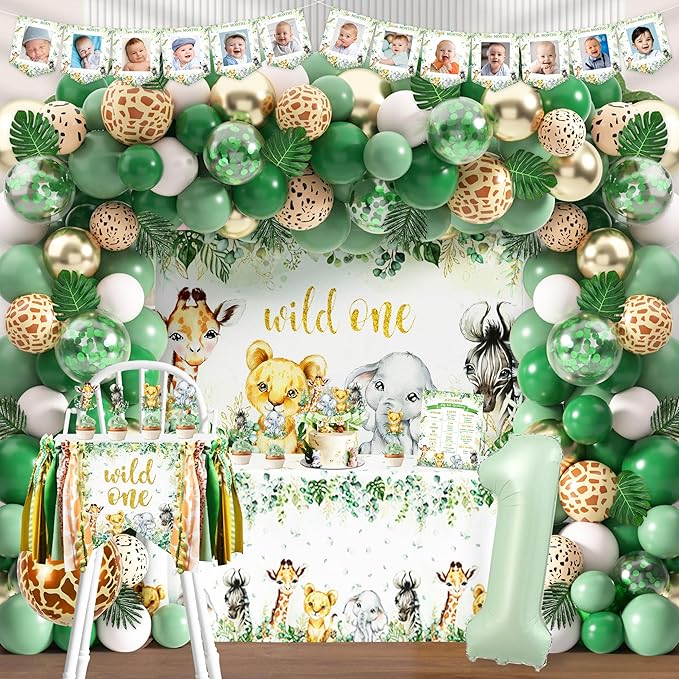 Wild One Birthday Decorations for Boys & Girls 114 Pcs Green Safari