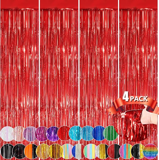 Red Metallic Tinsel Foil Fringe Curtains, 4 Pack 3.3x8.3 Feet