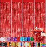 Red Metallic Tinsel Foil Fringe Curtains, 4 Pack 3.3x8.3 Feet