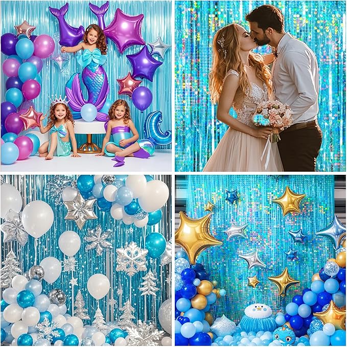 4 Packs Blue Foil Fringe Curtain, Light Blue Glitter Metallic Tinsel