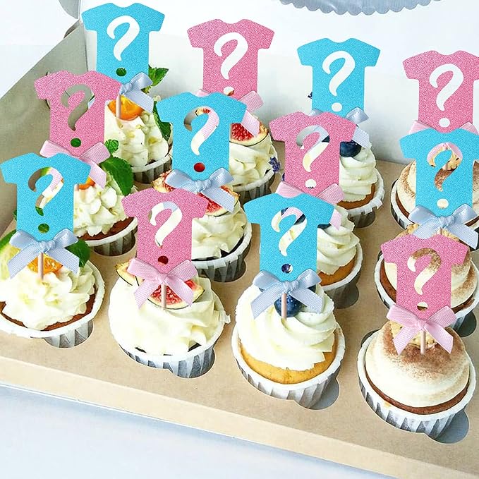 24 Pack Gender Reveal Cupcake Toppers Glitter Onesie Question Mark