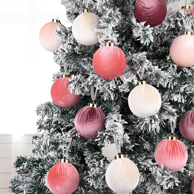 Velvet Christmas Ornaments Balls for Tree - 15pcs Pink Christmas