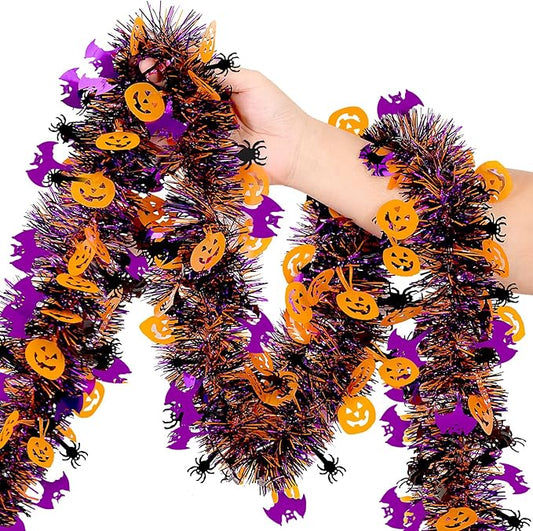 Halloween Garland Decorations 50Ft Glitter Tinsel Pumpkin Bats