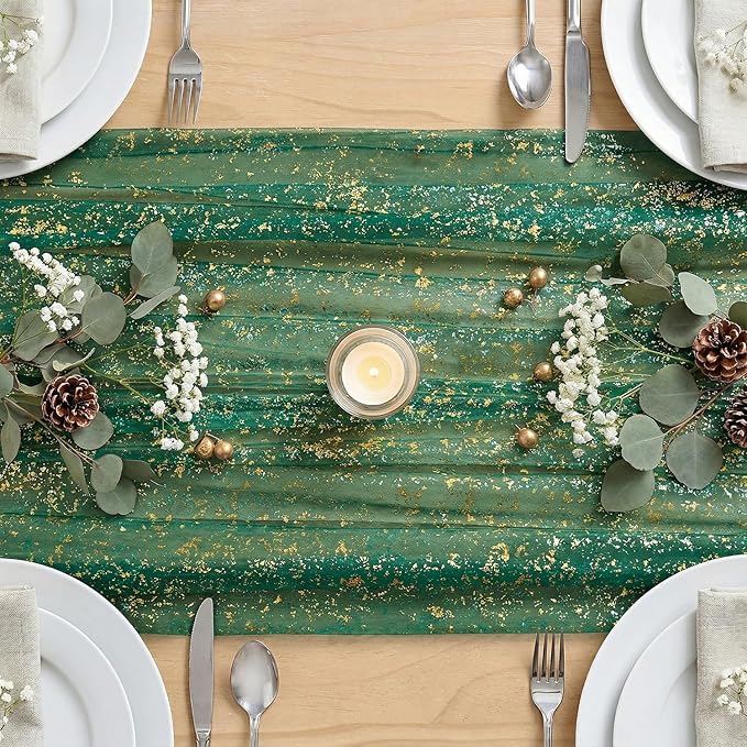 Artoid Mode Green Gold Gauze Table Runner 59x120 Inch 10FT, Glitter