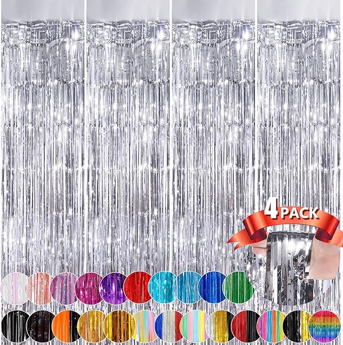 Silver Metallic Tinsel Foil Fringe Curtains, 4 Pack 3.3x8.3 Feet