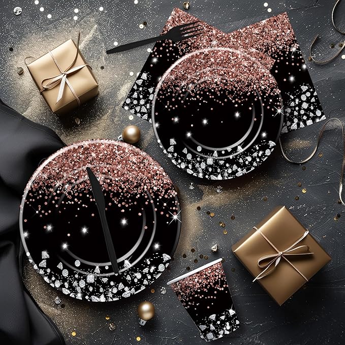 Xigejob Rose Gold And Black Party Decorations Tableware - Glitter