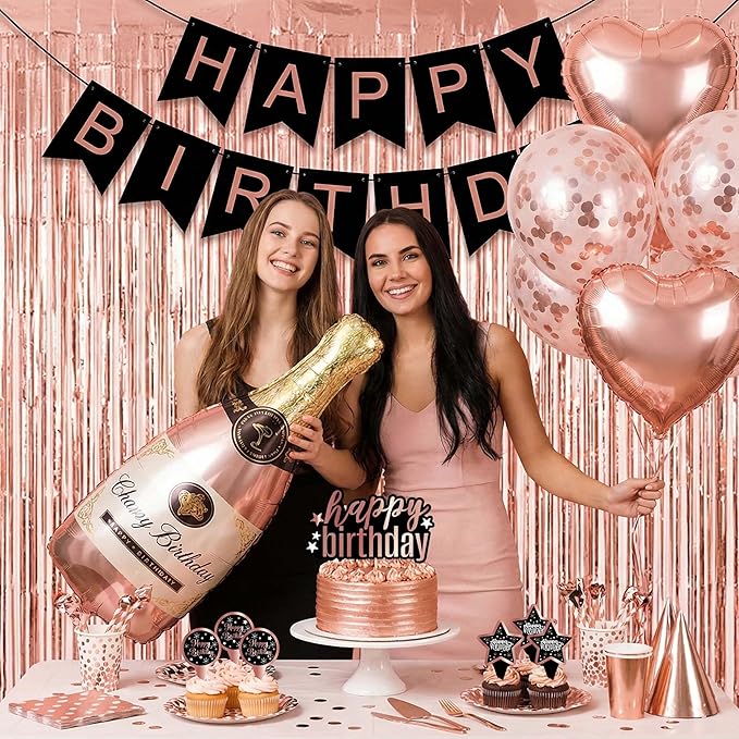 Rose Gold and Black Birthday Decorations Party Supplies Kit with