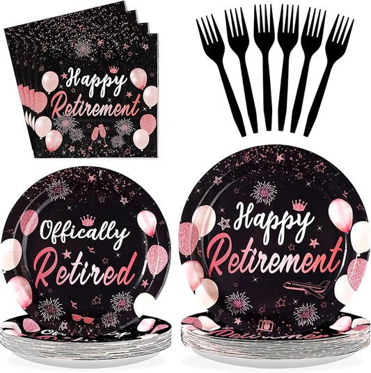 96Pcs Retirement Party Decorations Black Rose Gold Retirement Plates