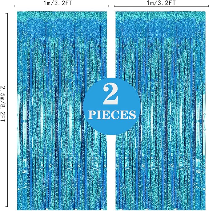 2 Pack 3.2ft x 8.2ft Blue Foil Fringe Curtains Photo Backdrop Party