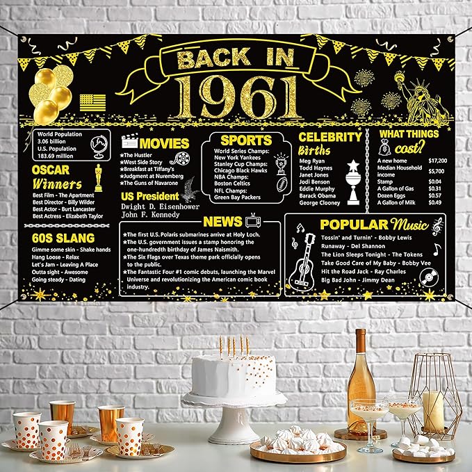 DARUNAXY 65th Birthday Black Gold Party Decoration, Back in 1961