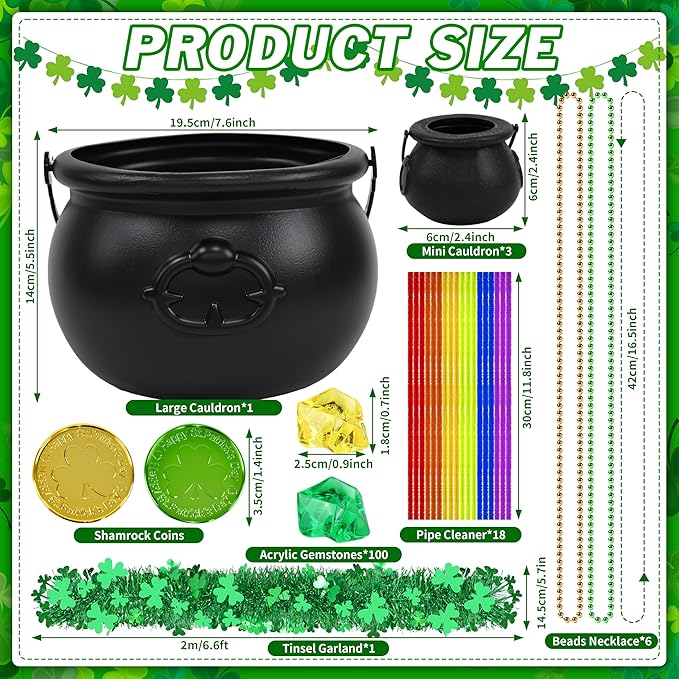 329 Pcs St Patrick's Day Cauldron Kettle Set Shamrock Gem Plastic