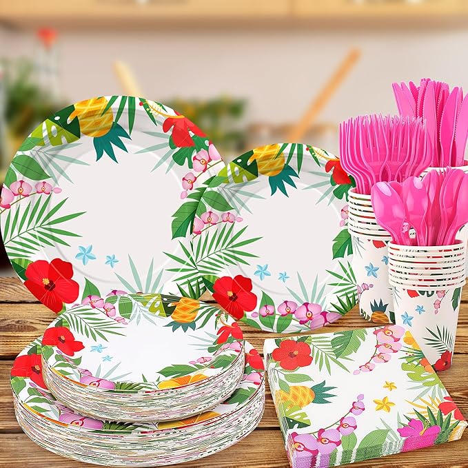 Pink Tropical Luau Party Tableware Supplies 168PCS Hawaiian Plates