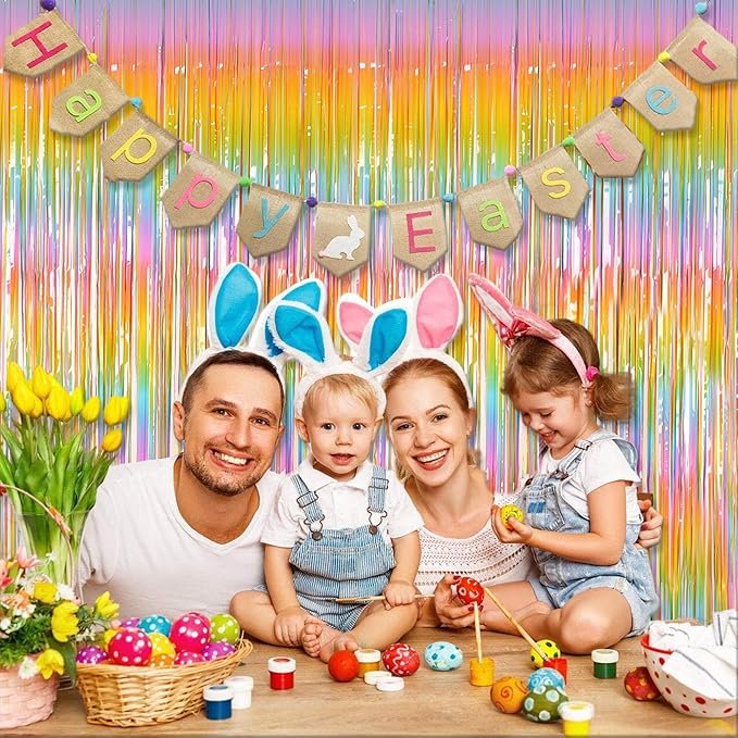 Melsan Pastel Tinsel Backdrop for Easter Decorations, Macaron Rainbow