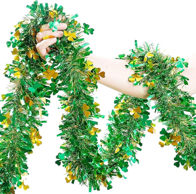 St Patricks Day Garland Decor 50Ft Glitter Tinsel Irish Shamrock