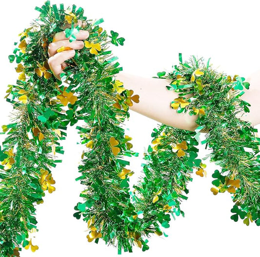 St Patricks Day Garland Decor 50Ft Glitter Tinsel Irish Shamrock