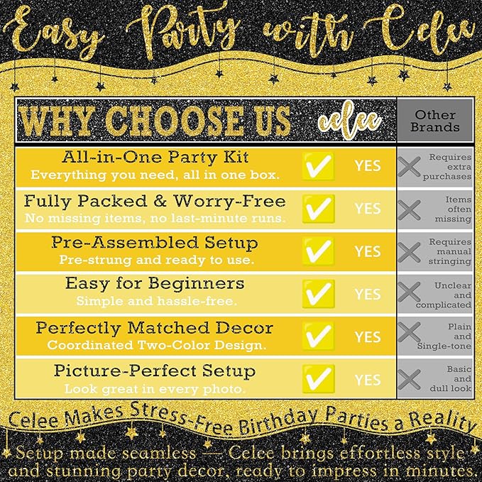 Black and Gold Birthday Party Decorations Set - Happy Birthday Banner