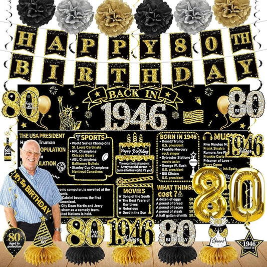 80th Birthday Decorations for Men Women 21pcs the Year 1946 Banner
