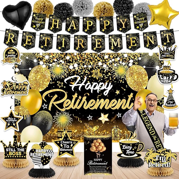 Happy Retirement Party Decorations for Men and Women Black and Gold