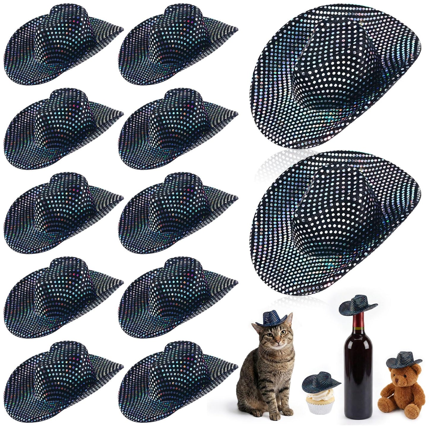 Sotiff 12 Pcs Mini Cowboy Hat Tiny Disco Glitter Hats for Crafts Black