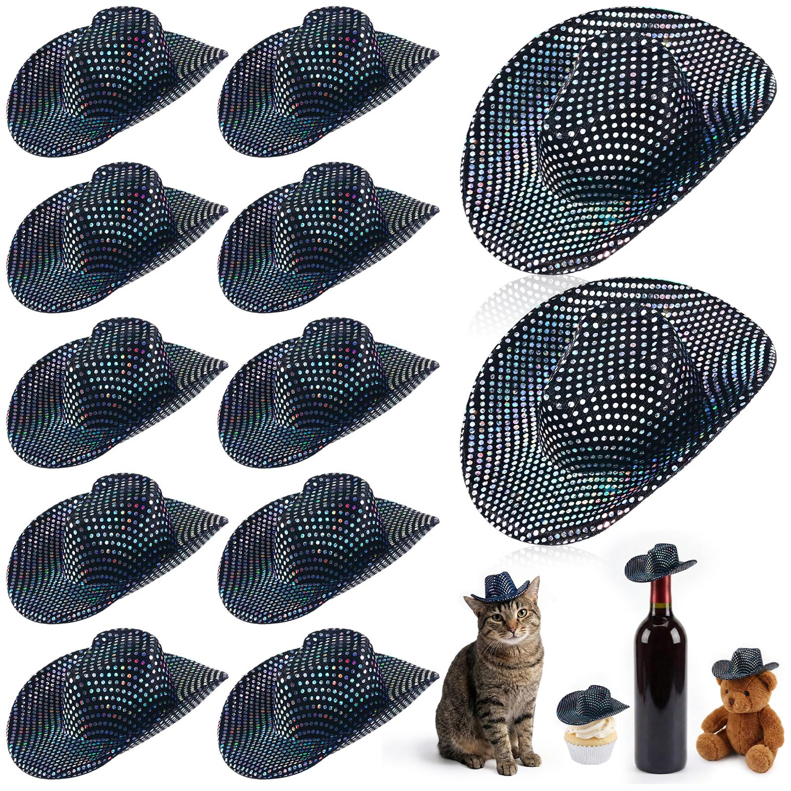 Sotiff 12 Pcs Mini Cowboy Hat Tiny Disco Glitter Hats for Crafts Black