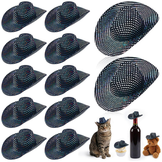Sotiff 12 Pcs Mini Cowboy Hat Tiny Disco Glitter Hats for Crafts Black