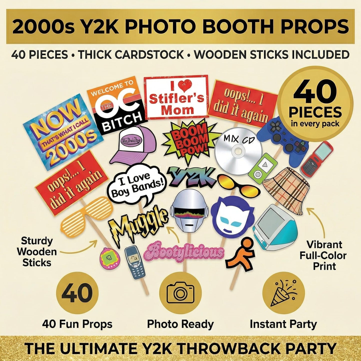 2000s Y2K Photo Booth Props - 40 Pieces - Throwback Y2K Party