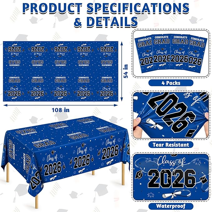QZYL 4 Pack Graduation Tablecloth, 54" x 108" Blue Graduation Table