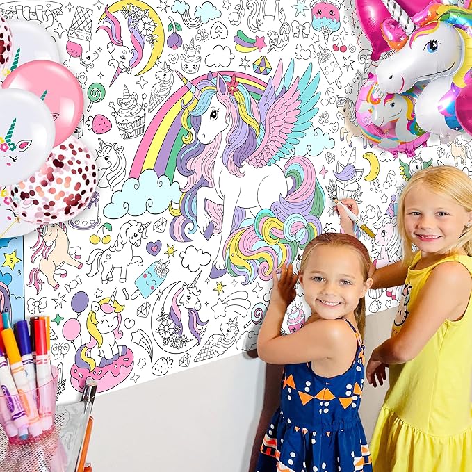 Unicorn Coloring Tablecloth for Kids Magical 30x72 Inch Poster with