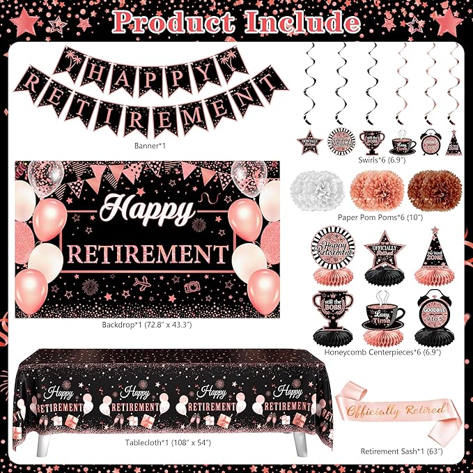 Retirement Party Decorations for Women 109Pcs Rose Gold Black Happy