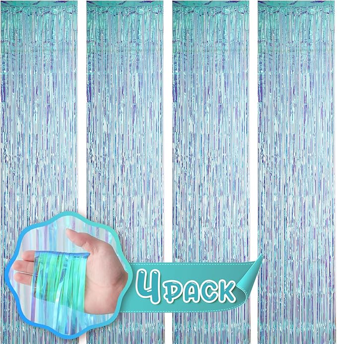 Voircoloria 4 Pack 3.3x8.2 Feet Neon Iridescent Foil Fringe Backdrop