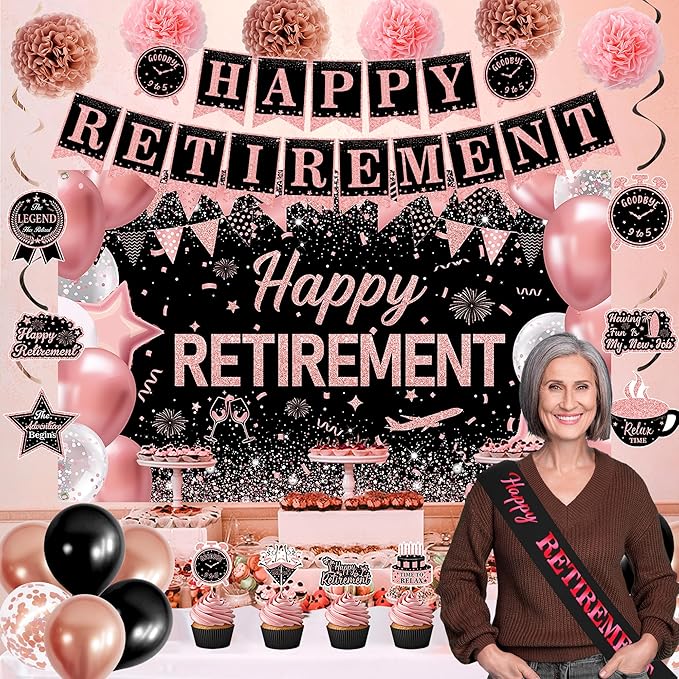 Rose Gold Retirement Decorations for Women Happy Retirement Banner