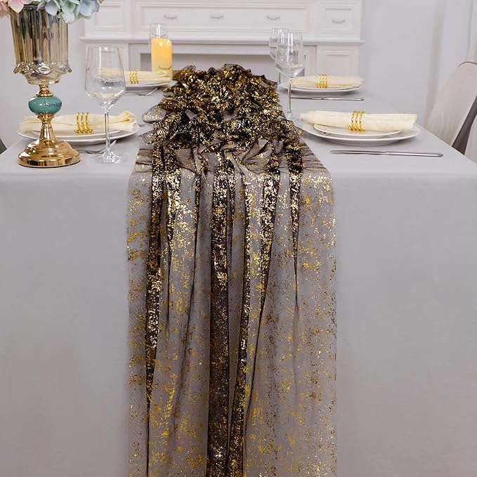Snowkingdom Black and Gold Cheesecloth Table Runner 10 FT, Sheer