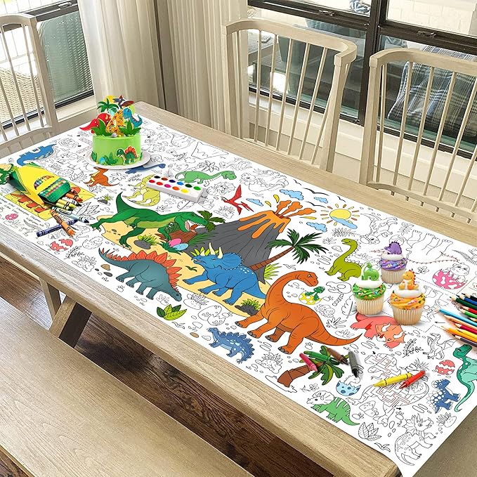 Dinosaur Coloring Tablecloth for Kids Jumbo 30x72 Inch Poster with
