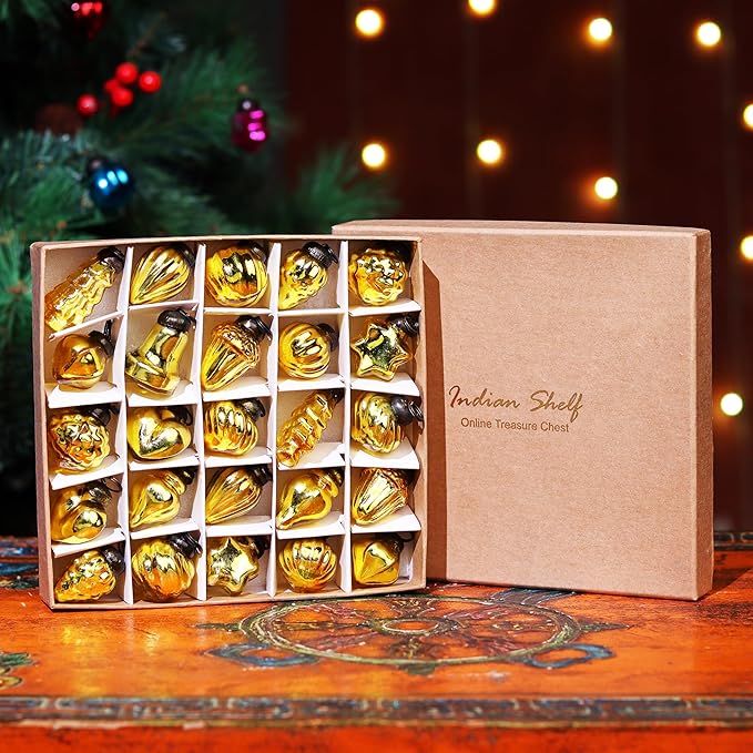 Indian Shelf Gold Hanging Ornaments - 25 Premium Glass Christmas