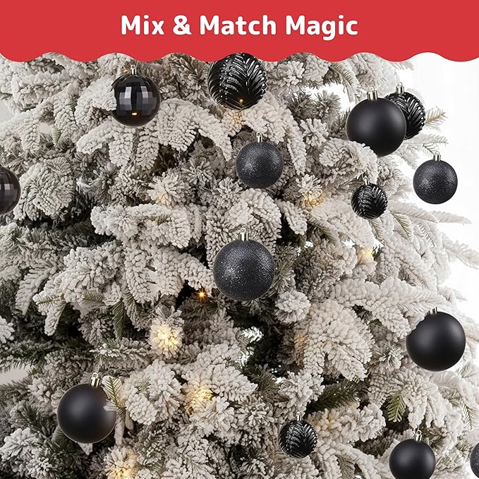 PREXTEX 36 Piece Christmas Ornaments Set - Black Shatterproof Balls