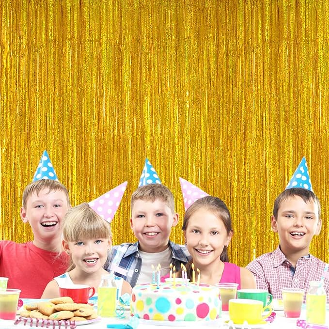 2 Pack 3.2ft x 8.2ft Gold Metallic Foil Curtains, Big Laser Glitter