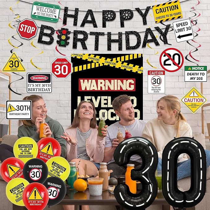 30th Birthday Decorations Men Women Caution Logo Level 30 Unlocked