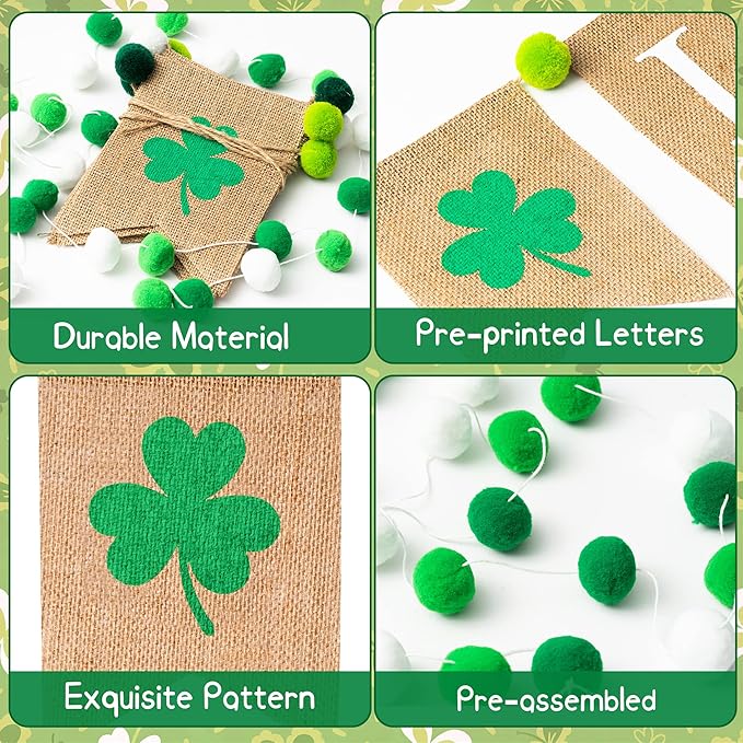 2PCS St Patrick's Day Burlap Banner Felt Ball Garland Set Shamrock