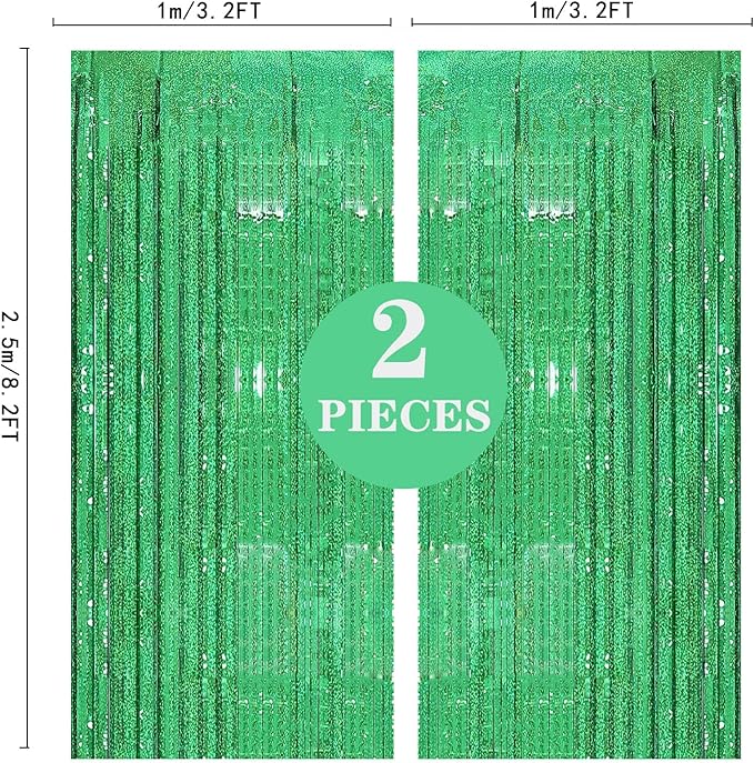 2 Pack 3.2ft x 8.2ft Green Foil Fringe Curtain, Metallic Tinsel Foil