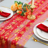 Snowkingdom Red Table Runner, 120 Inches Long Sheer Tulle with Gold