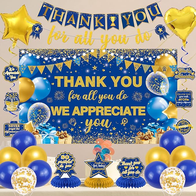 Vlipoeasn We Appreciate You Banner Decorations, Blue Gold Thank You