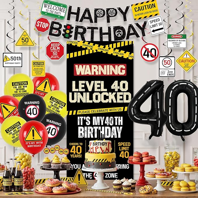 40th Birthday Decorations Men Women Caution Logo Level 40 Unlocked