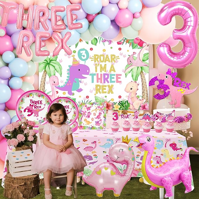 Pink Dinosaur Party Supplies For Girls 3rd Birthday Decorations
