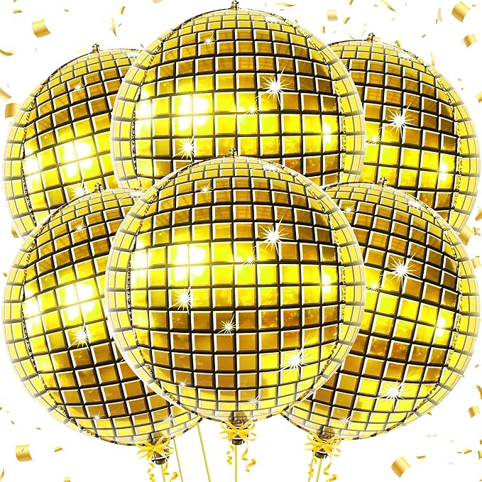 KatchOn, Huge Gold Disco Ball Balloons - 22 Inch Pack of 6 | 4D Disco