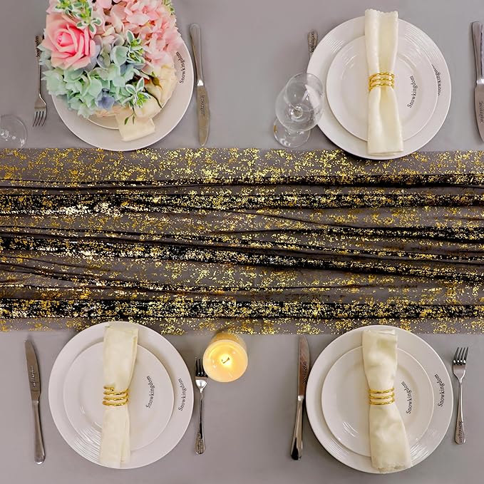Snowkingdom 10 Pcs Black & Gold Cheesecloth Table Runner 10 FT, Sheer