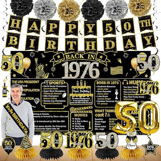 50th Birthday Decorations for Men Women 21pcs the Year 1976 Banner