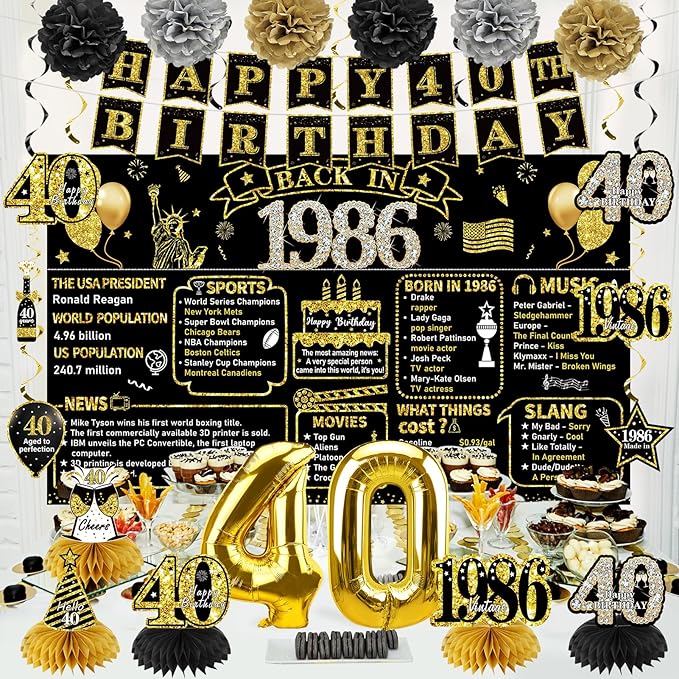 40th Birthday Decorations for Men Women 21pcs the Year 1986 Banner
