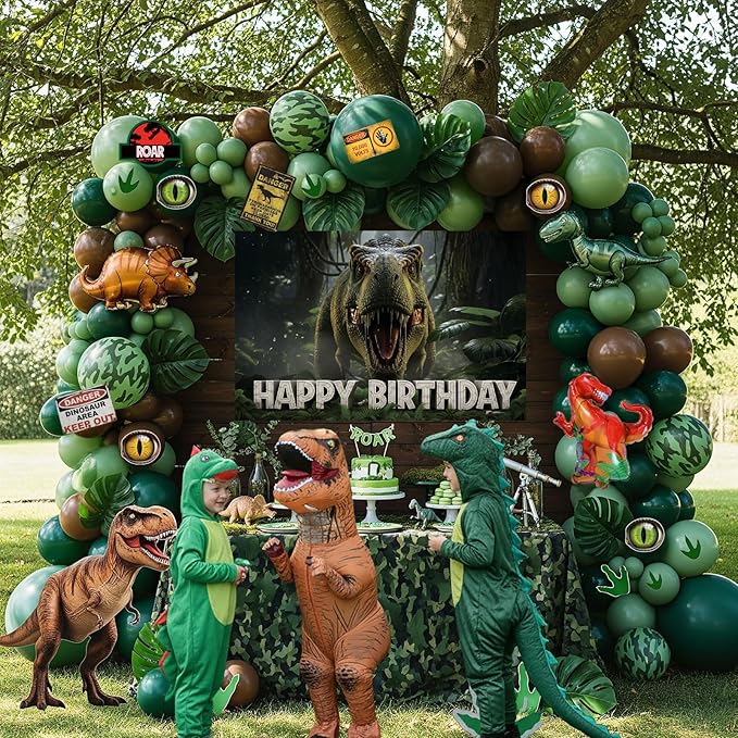 Dinosaur Birthday Decorations with Hunter Green Brown balloon arch &