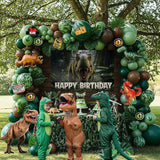 Dinosaur Birthday Decorations with Hunter Green Brown balloon arch &